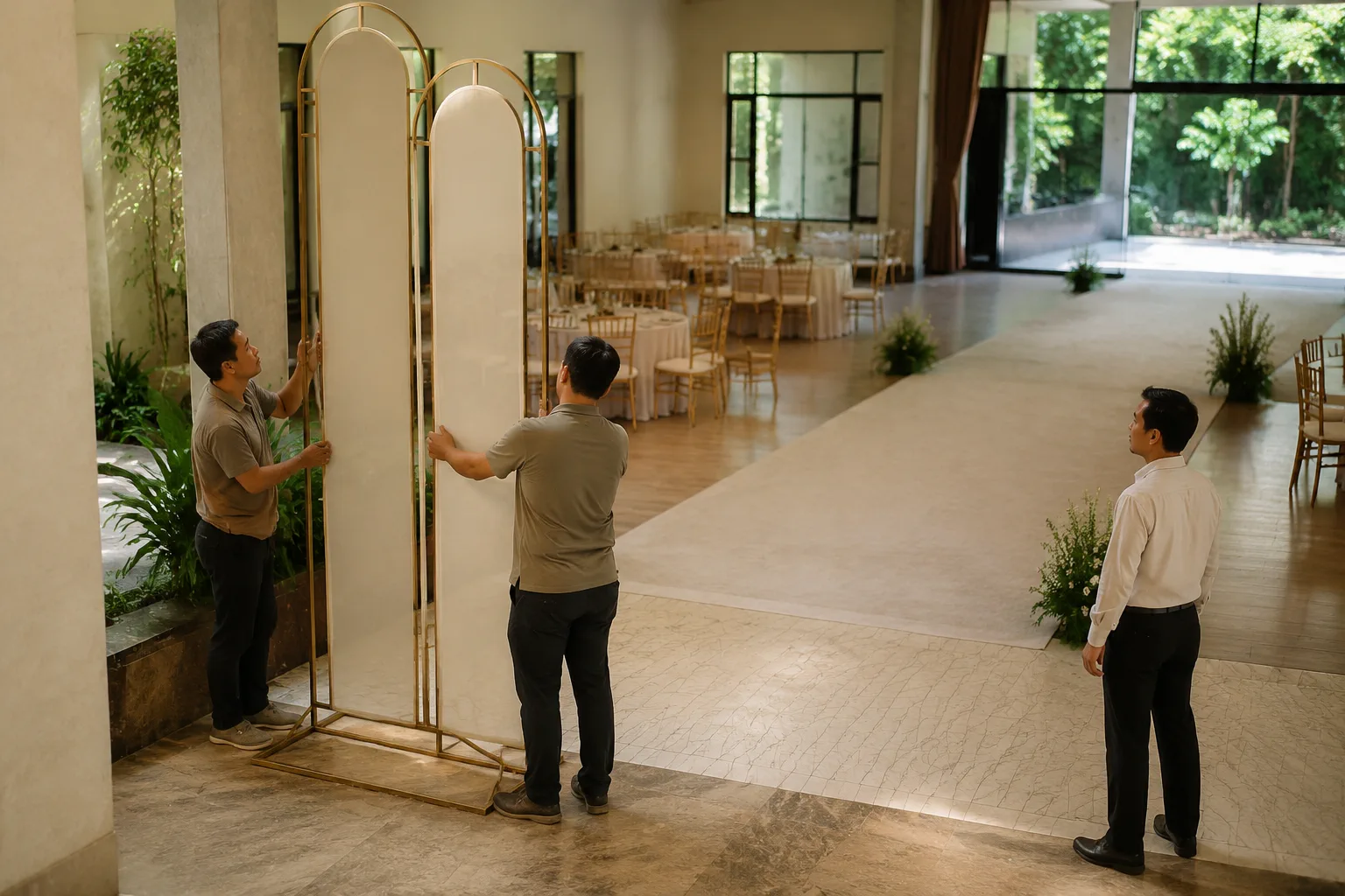 Nhân viên trang trí đang kiểm tra khoảng cách giữa cụm trang trí rời và lối đi trong sảnh tiệc cưới, thể hiện việc phối hợp thi công và giữ không gian vận hành an toàn