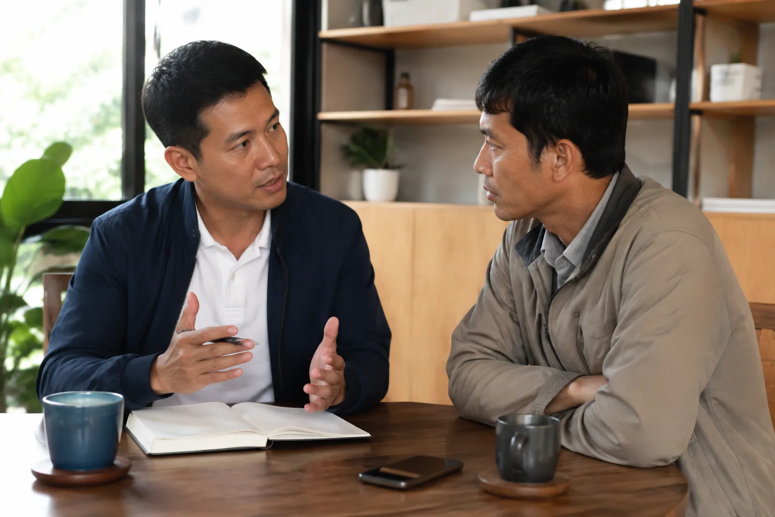 Chuyên viên tư vấn bất động sản và người mua trao đổi trong không gian làm việc với góc nhìn tập trung vào việc phân tích thông tin tài sản, thể hiện quá trình làm rõ nhu cầu trước