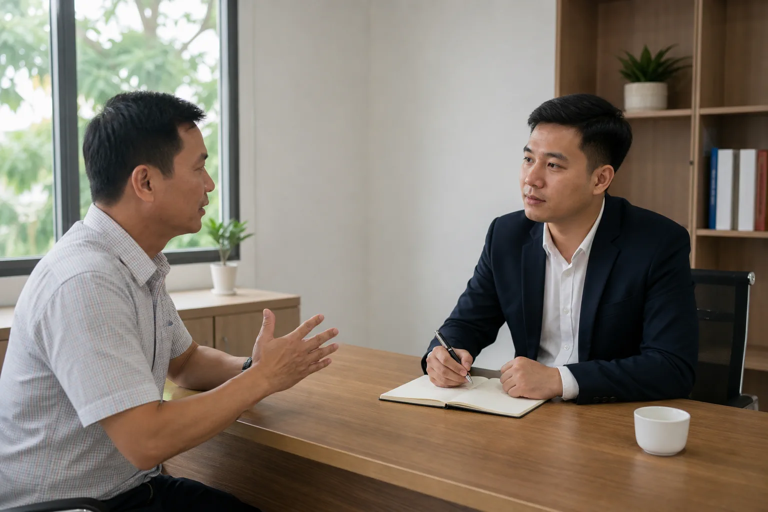 Không gian trao đổi ban đầu giữa người mua và chuyên viên bất động sản tại một văn phòng địa phương ở Đắk Nông, tập trung vào việc lắng nghe nhu cầu tìm nhà đất thay vì xem hồ sơ h