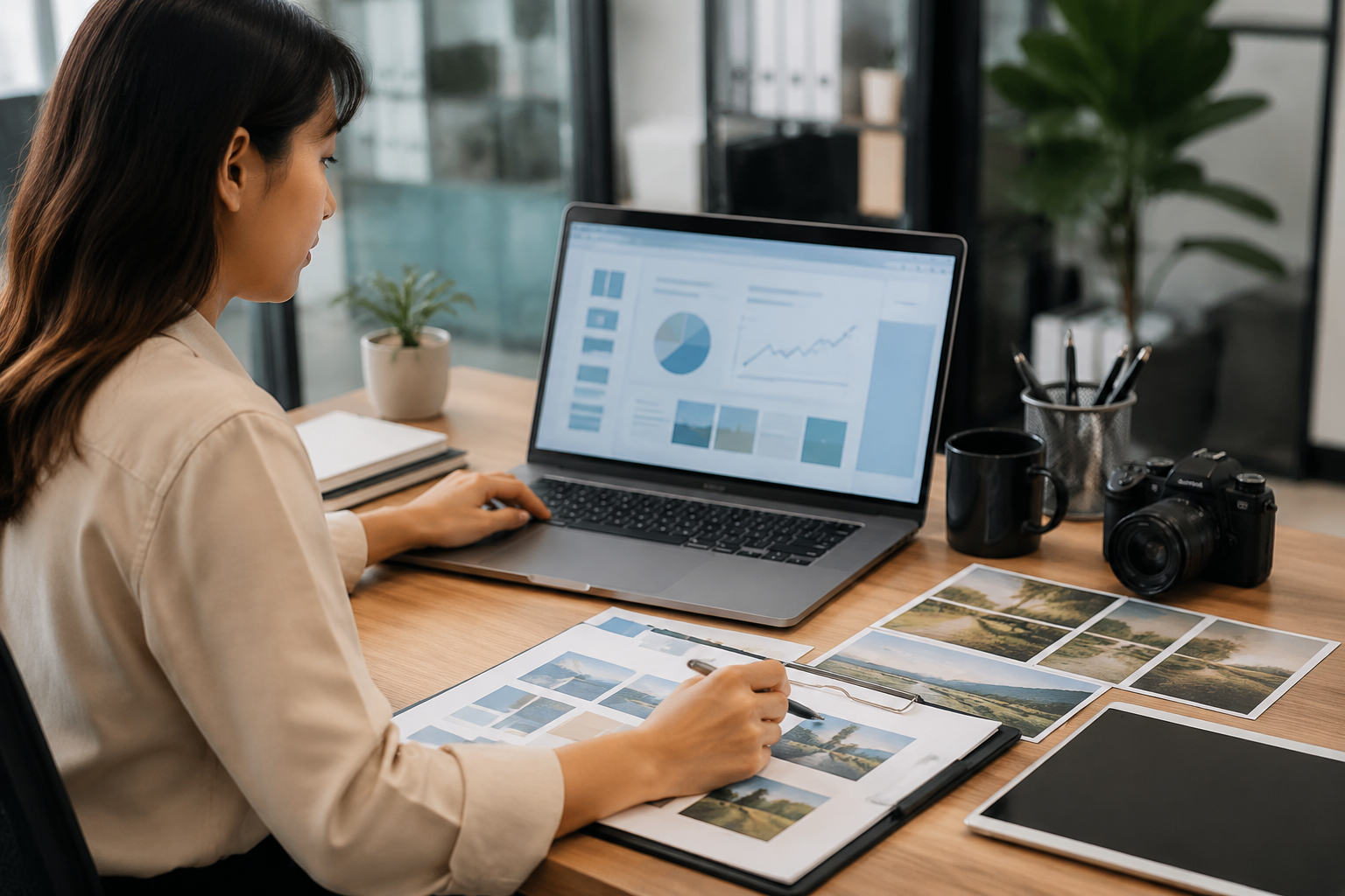 Chuyên viên marketing Việt Nam chuẩn bị nội dung hình ảnh và phân tích dữ liệu website trong quá trình vận hành doanh nghiệp