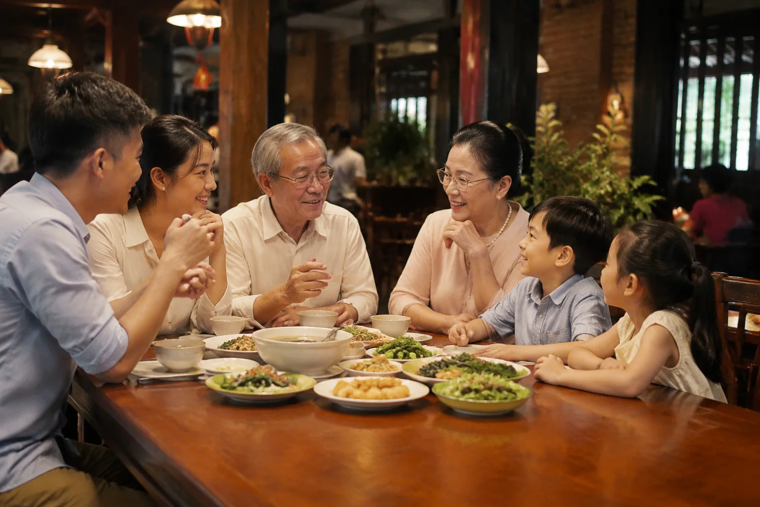 Gia đình Việt Nam nhiều thế hệ đang cùng lựa chọn cách sắp xếp bữa ăn tại bàn nhà hàng trước giờ dùng bữa, thể hiện sự cân nhắc về trải nghiệm chung cho cả nhóm khách