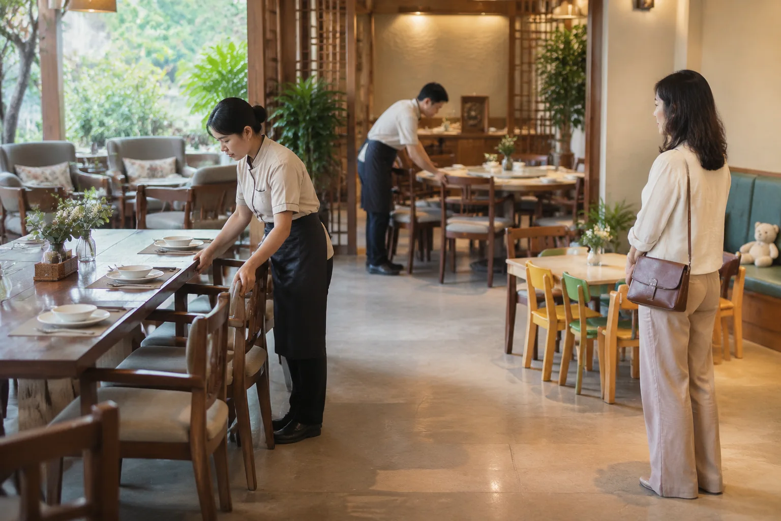Nhân viên nhà hàng Việt Nam chuẩn bị khu vực bàn ăn với cách sắp xếp linh hoạt cho buổi gặp mặt gia đình, thể hiện sự cân nhắc về vị trí ngồi và sự thuận tiện cho nhiều thành viên.