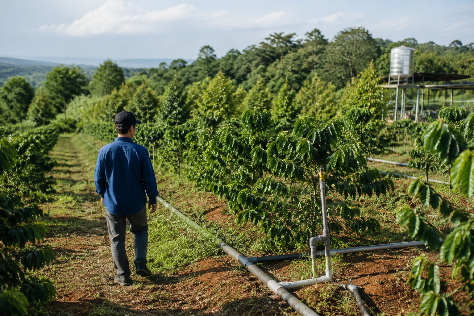 Người khảo sát thực tế khu farm kiểm tra hệ thống tưới và cây trồng trong vườn tại Đắk Nông, thể hiện việc đánh giá hiện trạng vận hành sau khi mua
