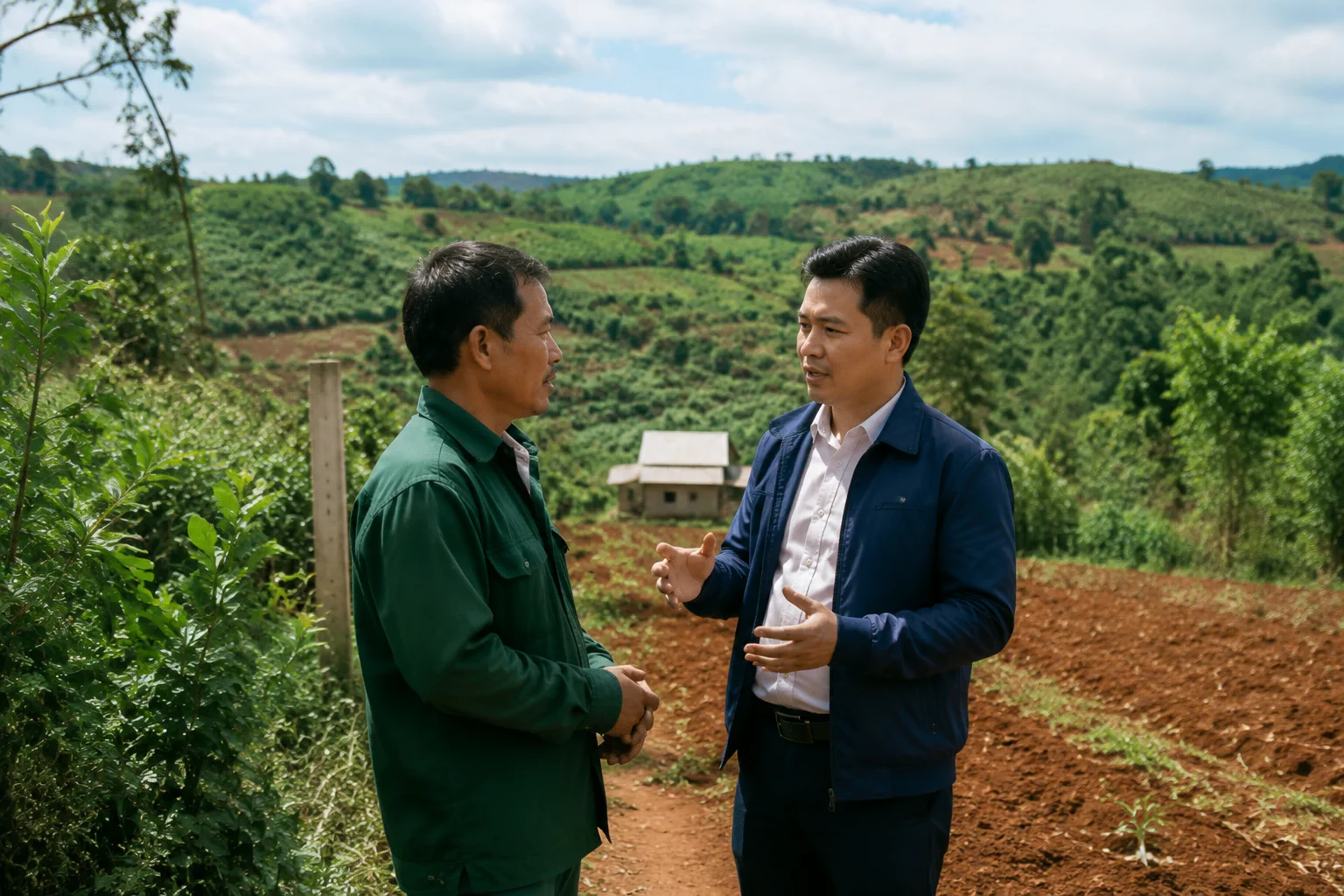Chủ tài sản tại Đắk Nông đang trao đổi với chuyên viên tư vấn bất động sản tại khu đất nông nghiệp, thể hiện bước chuẩn bị trước khi tìm đơn vị hỗ trợ bán