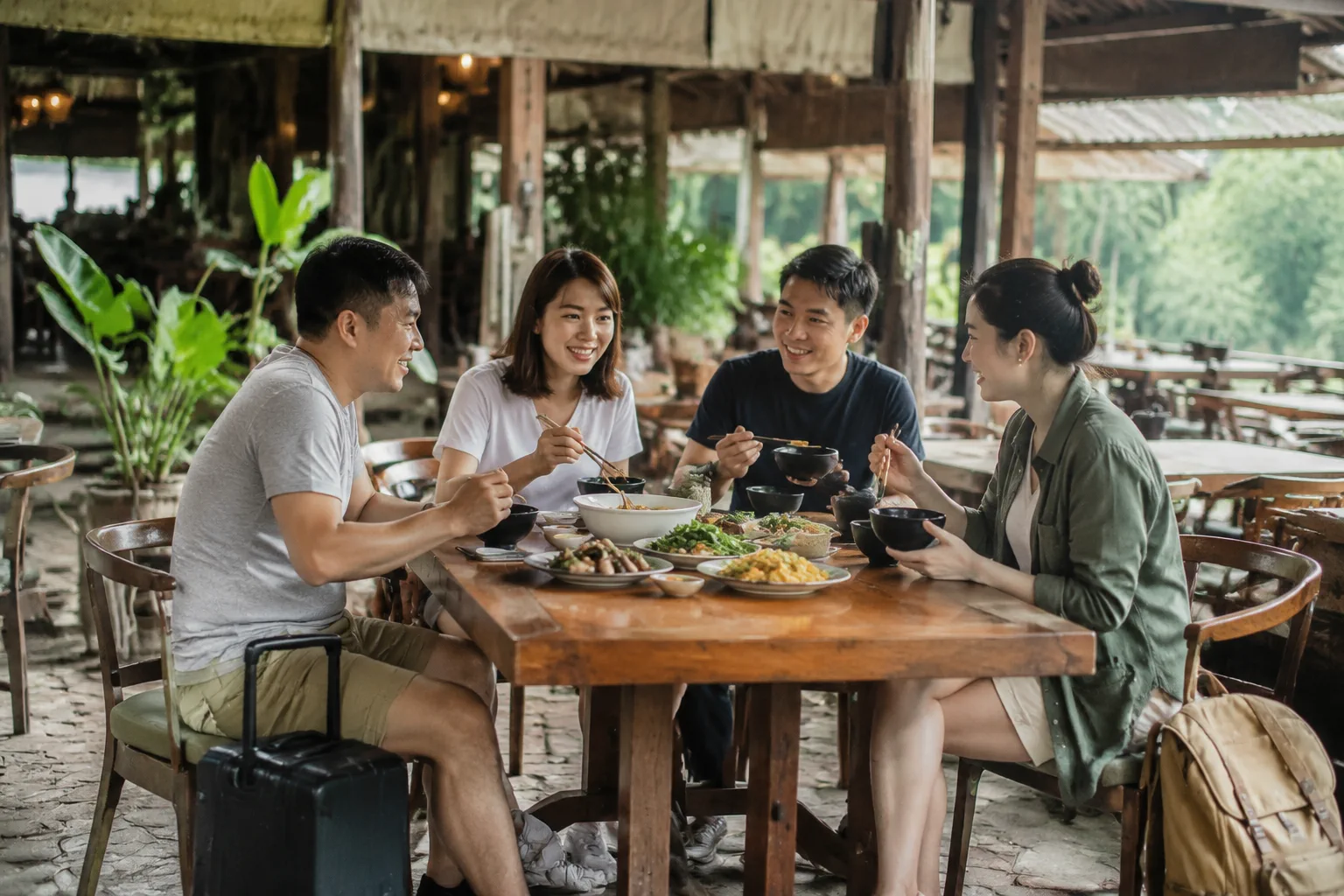 Nhóm khách du lịch Việt Nam nghỉ chân dùng bữa tại nhà hàng ở Gia Nghĩa sau hành trình tham quan, cùng trao đổi và thưởng thức món ăn trong không gian thuận tiện cho nhóm đông ngườ