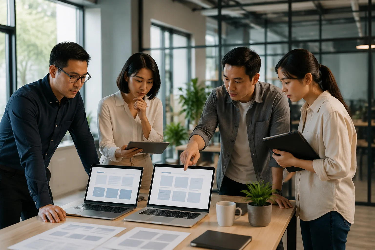 Góc nhìn rộng trong văn phòng doanh nghiệp Việt Nam với một nhóm nhân sự đang quan sát website trên nhiều thiết bị khác nhau để đánh giá sự phù hợp với nhu cầu kinh doanh, thể hiện