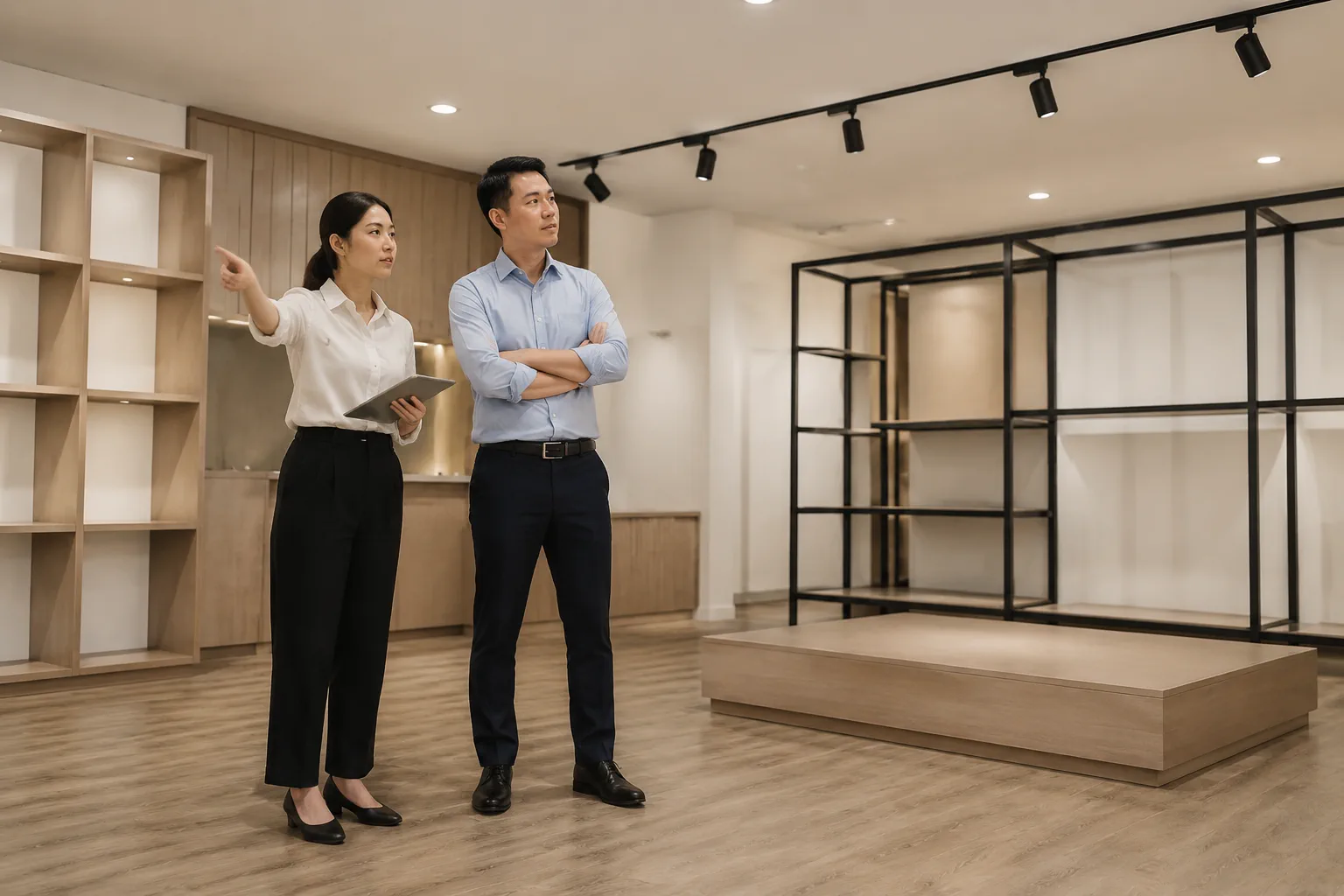 Nhóm nhỏ doanh nghiệp Việt Nam đứng trong không gian showroom hoặc khu trưng bày sản phẩm, một người chỉ tay về phía khu vực trống phía trước như đang phác thảo cách tổ chức thông