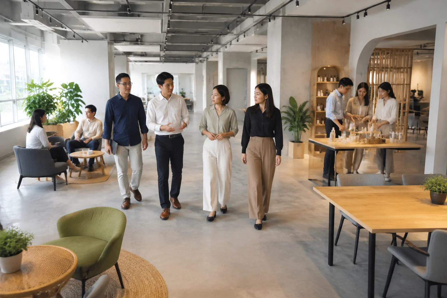 Nhân sự doanh nghiệp Việt Nam quan sát hai khu vực vận hành khác nhau trong một không gian làm việc, thể hiện việc kết hợp website doanh nghiệp với khu vực sản phẩm hoặc chiến dịch