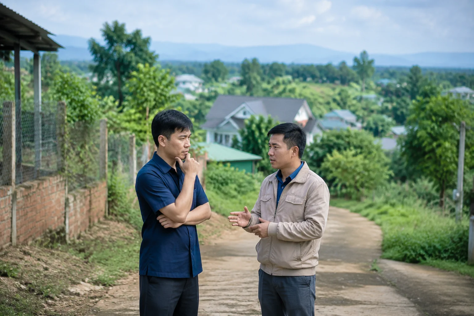 Người mua và chuyên viên hỗ trợ bất động sản trao đổi sau chuyến khảo sát tại một không gian mở ở Đắk Nông, tập trung vào việc tổng hợp tiêu chí và các bước xác minh tiếp theo thay