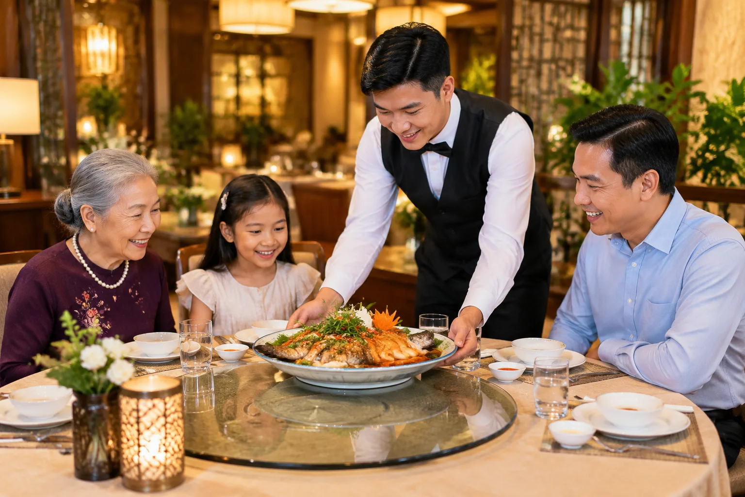 Gia đình Việt Nam ba thế hệ gồm bà, bố và cháu gái nhỏ đang ngồi quanh bàn ăn tròn tại nhà hàng, vui vẻ nhìn nhân viên phục vụ mang lên một món ăn lớn đặt ở giữa bàn.