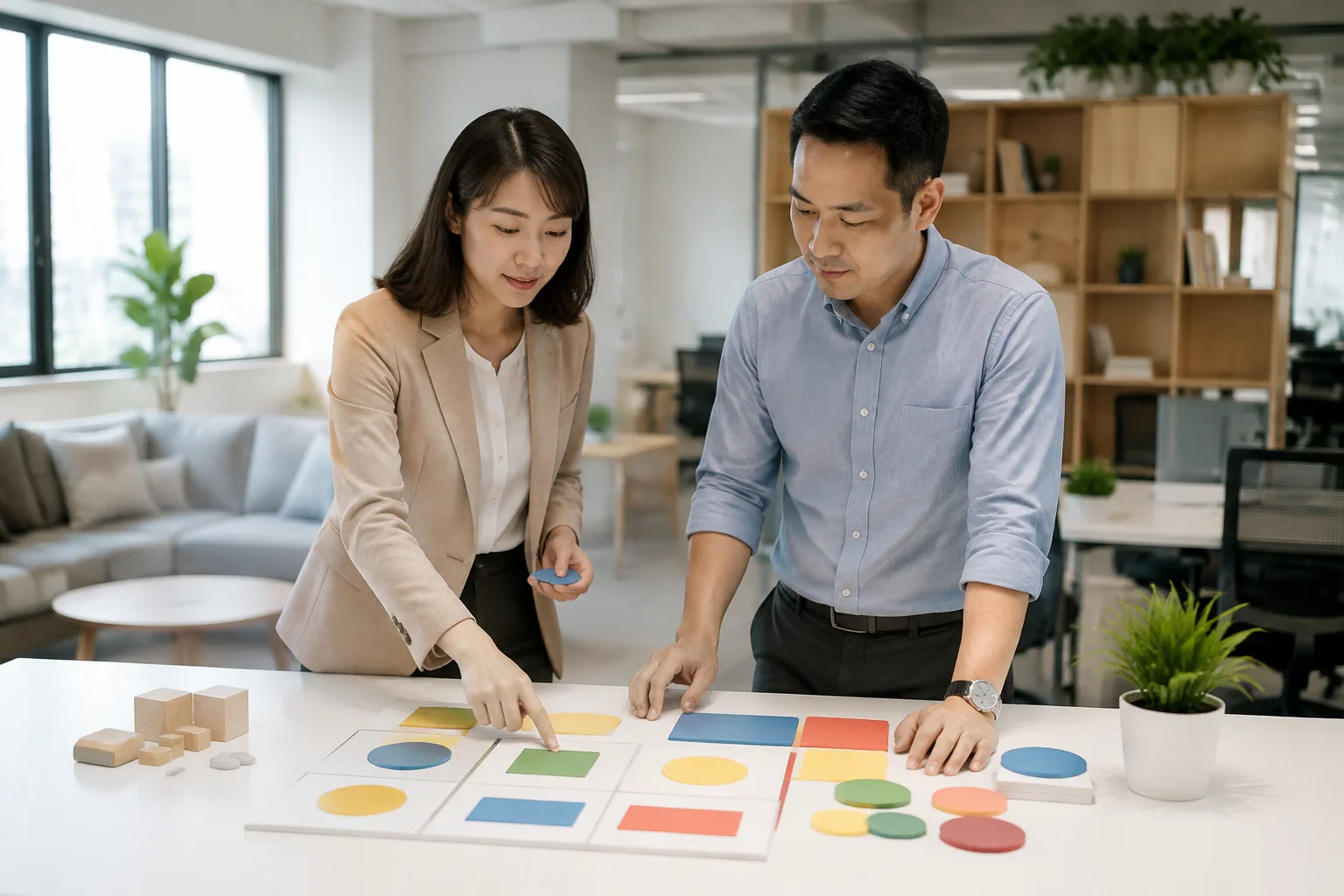 Chuyên gia tư vấn website Việt Nam quan sát bản mô phỏng các tiêu chí kiểm tra trên bàn làm việc cùng đại diện doanh nghiệp, thể hiện quá trình thống nhất yêu cầu nghiệm thu trước