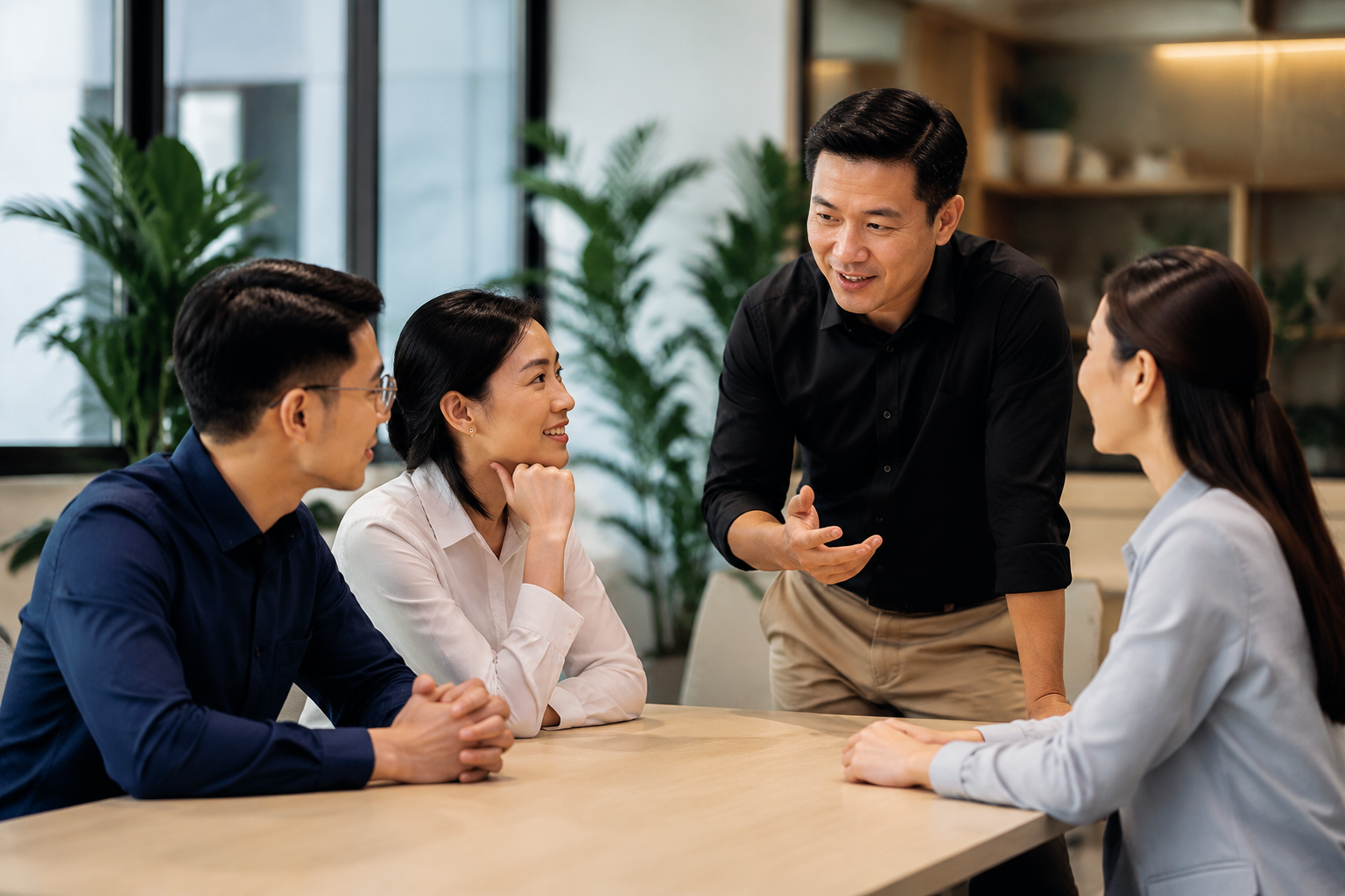 Chủ doanh nghiệp Việt Nam cùng đội ngũ trao đổi để đánh giá lại hướng phát triển website trong không gian văn phòng hiện đại