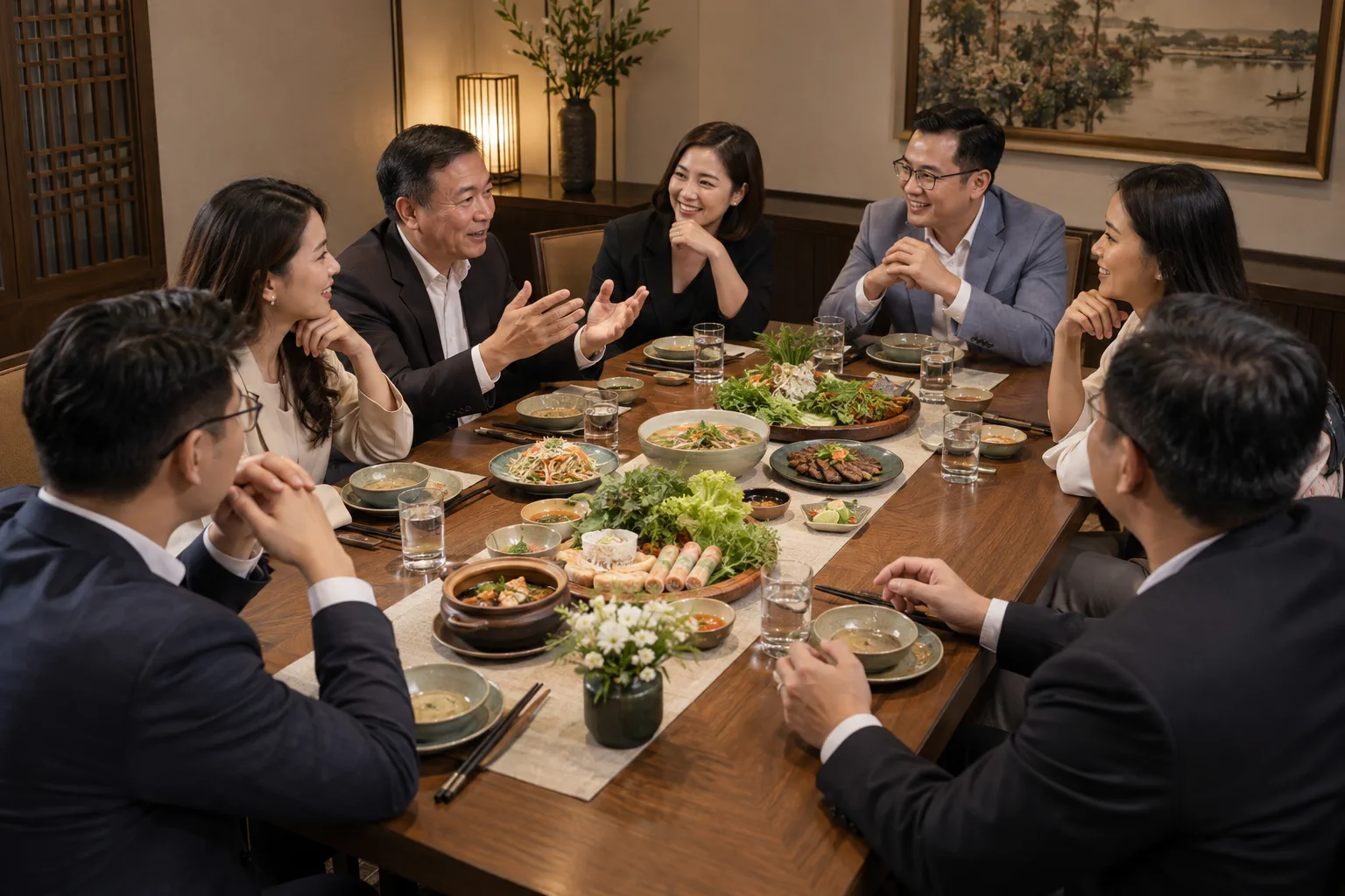 Nhóm nhân viên doanh nghiệp Việt Nam ngồi quanh bàn dài trong phòng ăn riêng tại nhà hàng, trao đổi sôi nổi trong buổi họp mặt nội bộ với không khí chuyên nghiệp nhưng thân thiện.