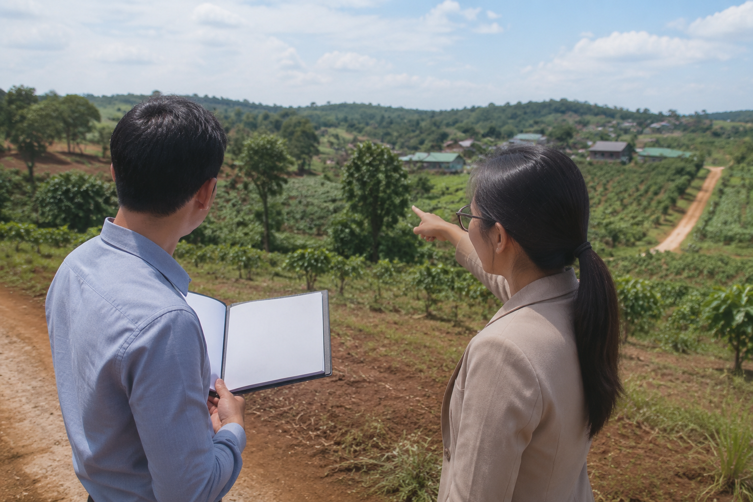 Người mua cùng môi giới kiểm tra thực tế một khu đất tại vùng cao nguyên Việt Nam, quan sát ranh giới khu đất và địa hình để hỗ trợ quá trình đánh giá tài sản