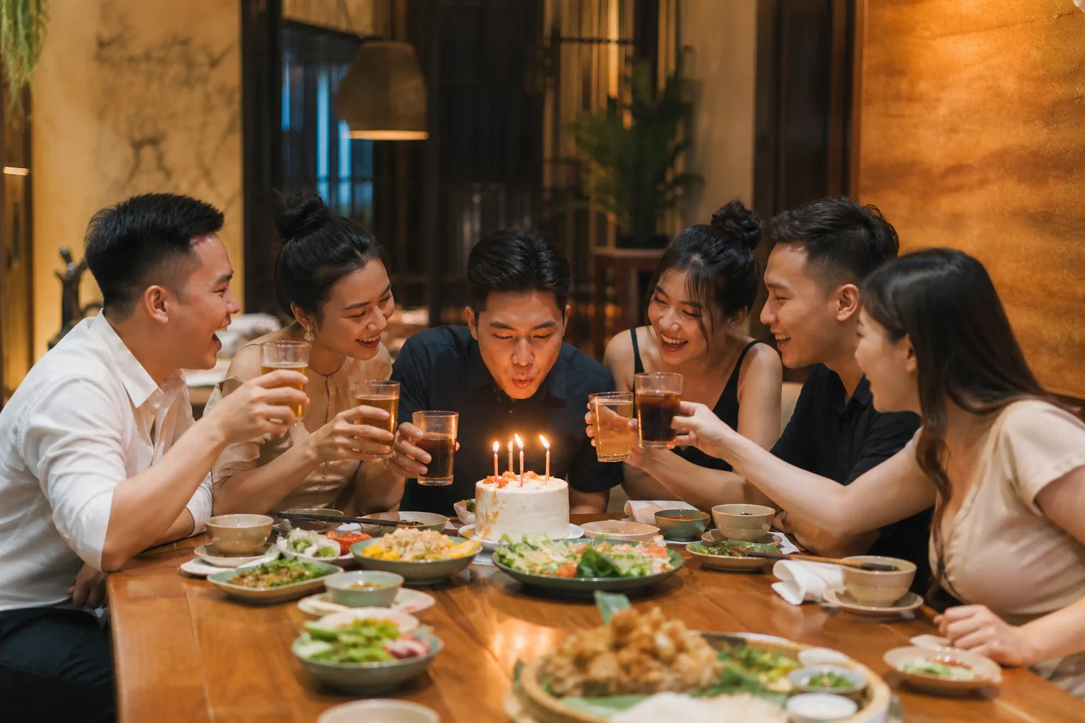 Nhóm bạn trẻ người Việt Nam ngồi quanh bàn ăn trong nhà hàng, cùng nhau chúc mừng sinh nhật với bánh và nến, thể hiện khoảnh khắc vui vẻ và sự kết nối của nhóm bạn trong buổi tiệc
