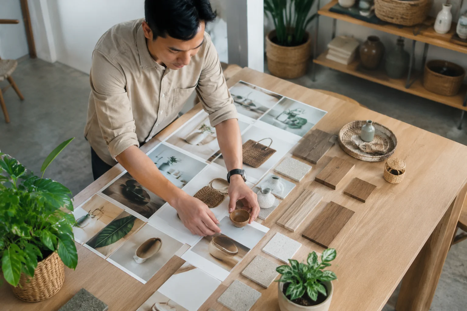 Nhân viên marketing doanh nghiệp Việt Nam sắp xếp các khu vực nội dung và hình ảnh thương hiệu trong không gian sáng tạo để chuẩn bị cấu trúc website, thể hiện vai trò của nội dung
