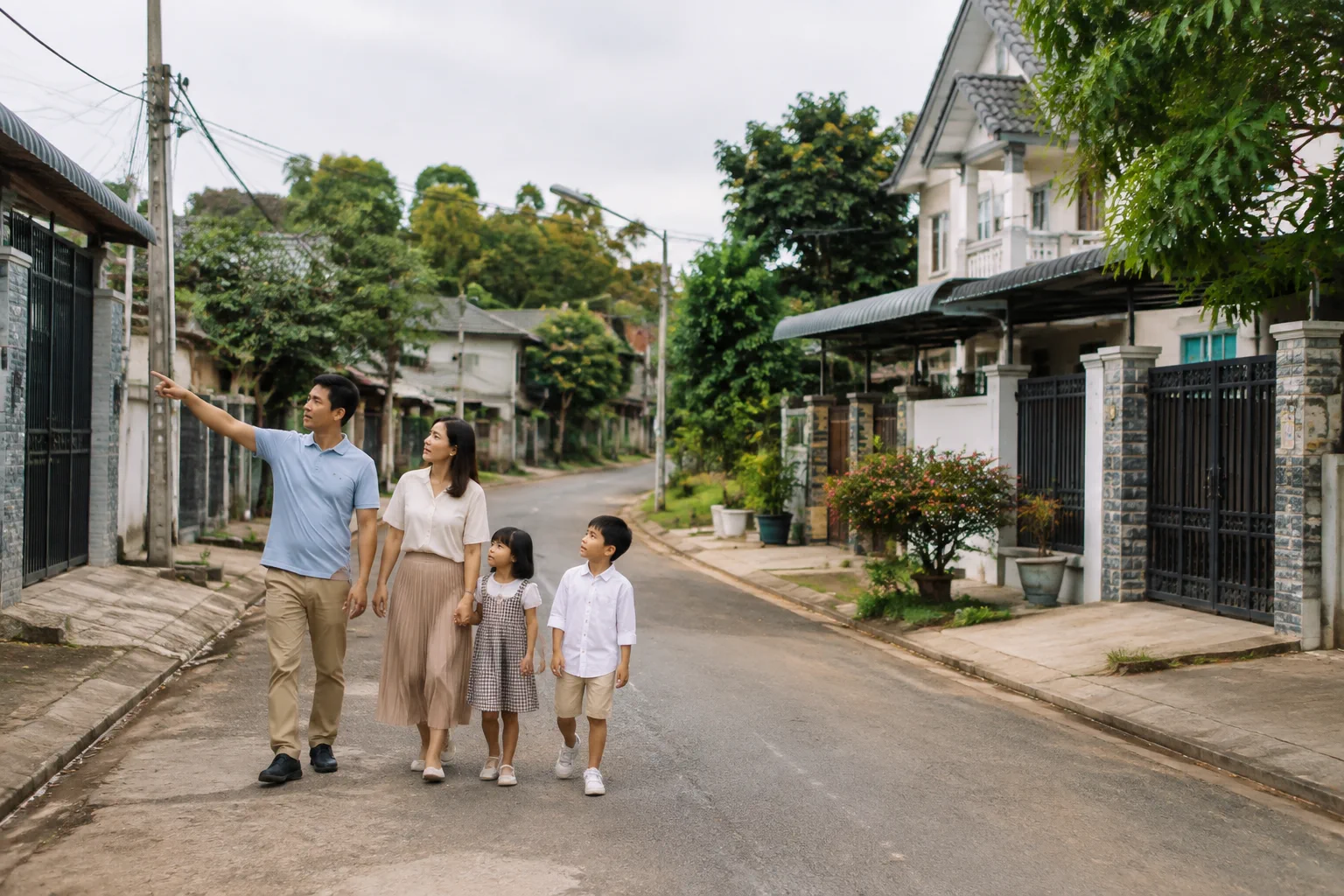 Toàn cảnh một khu dân cư tại Gia Nghĩa, Đắk Nông với một gia đình đang đi bộ quan sát môi trường sống xung quanh, thể hiện bước xác định nhu cầu mua nhà đất để ở trước khi lựa chọn