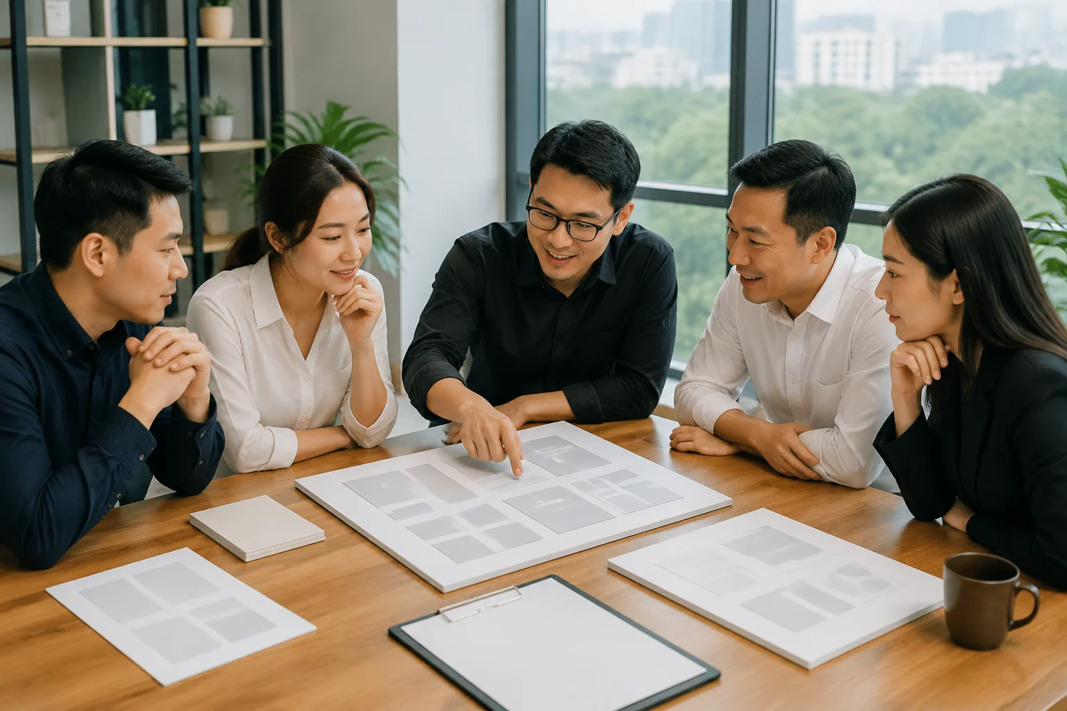 Nhóm chuyên gia doanh nghiệp Việt Nam đang trao đổi về kế hoạch triển khai website trong không gian văn phòng hiện đại