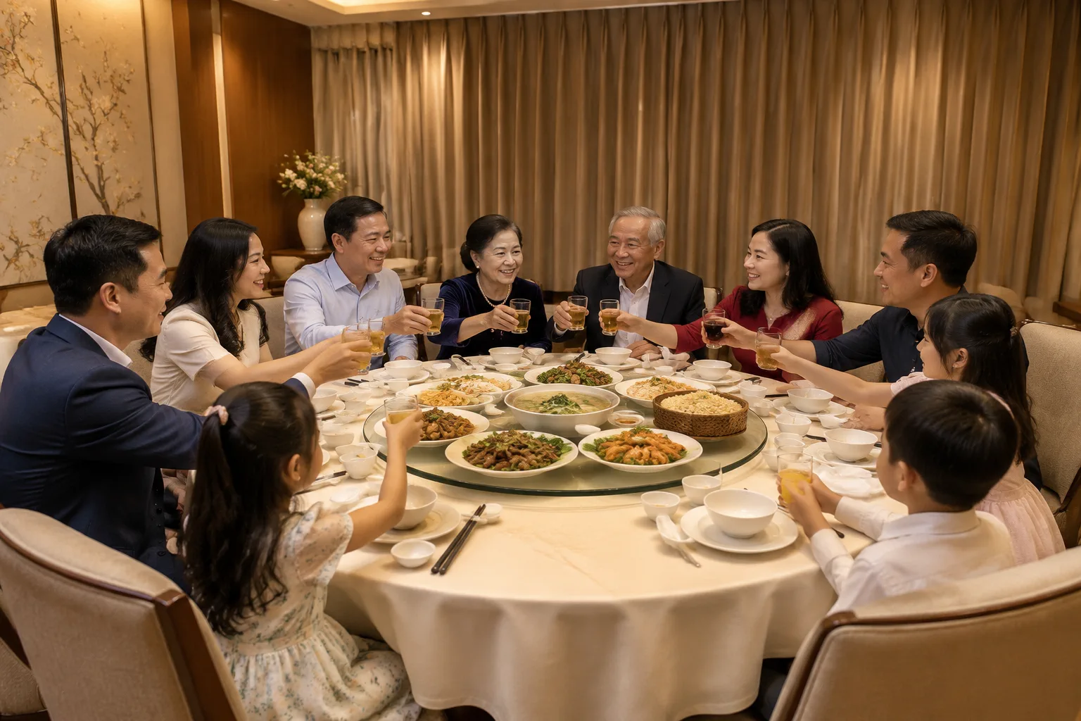 Thành viên gia đình nhiều thế hệ người Việt Nam quây quần quanh bàn tiệc tròn trong phòng ăn riêng của nhà hàng, cùng nâng ly chúc mừng kỷ niệm ngày cưới của ông bà hoặc cha mẹ, kh