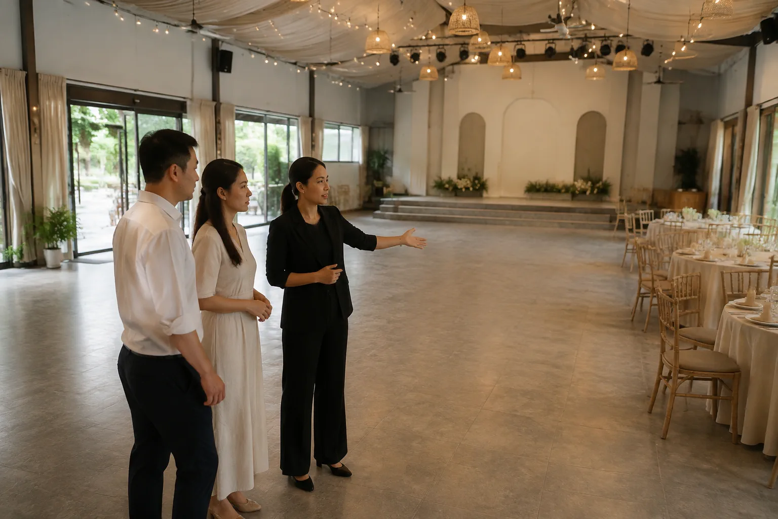 Cặp đôi người Việt cùng điều phối viên khảo sát khu vực sảnh tiệc cưới tại nhà hàng trước khi chốt phương án trang trí, chú trọng khoảng trống, lối đi và vị trí lắp đặt