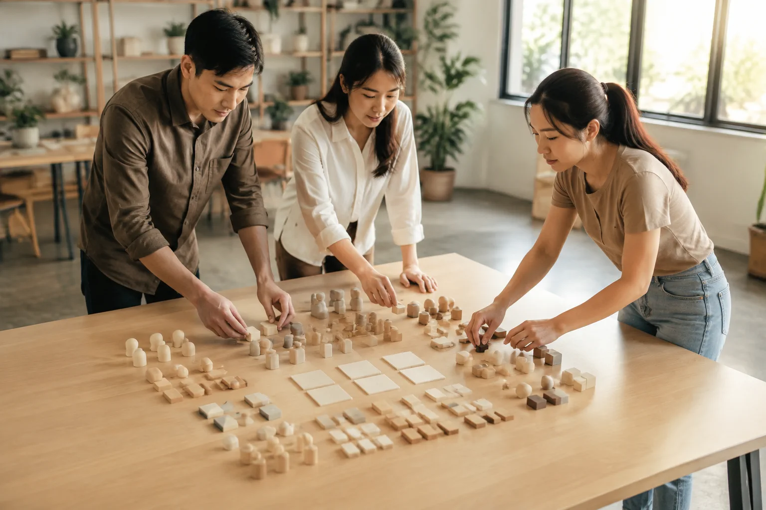 Nhân sự doanh nghiệp Việt Nam sắp xếp các nhóm nội dung và quy trình quản trị website bằng vật thể mô phỏng trong không gian làm việc sáng tạo, thể hiện sự chuẩn bị cho việc cập nh