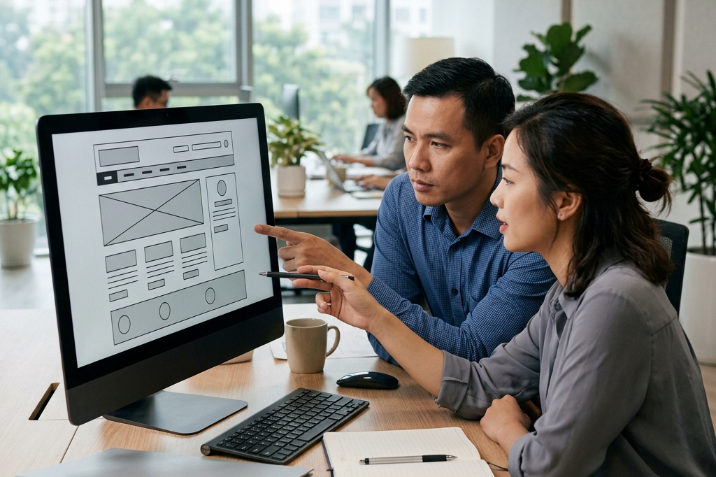Doanh nghiệp Việt Nam đang rà soát nội dung và cấu trúc website trên máy tính trước buổi tư vấn, thể hiện việc chuẩn bị thông tin dự án