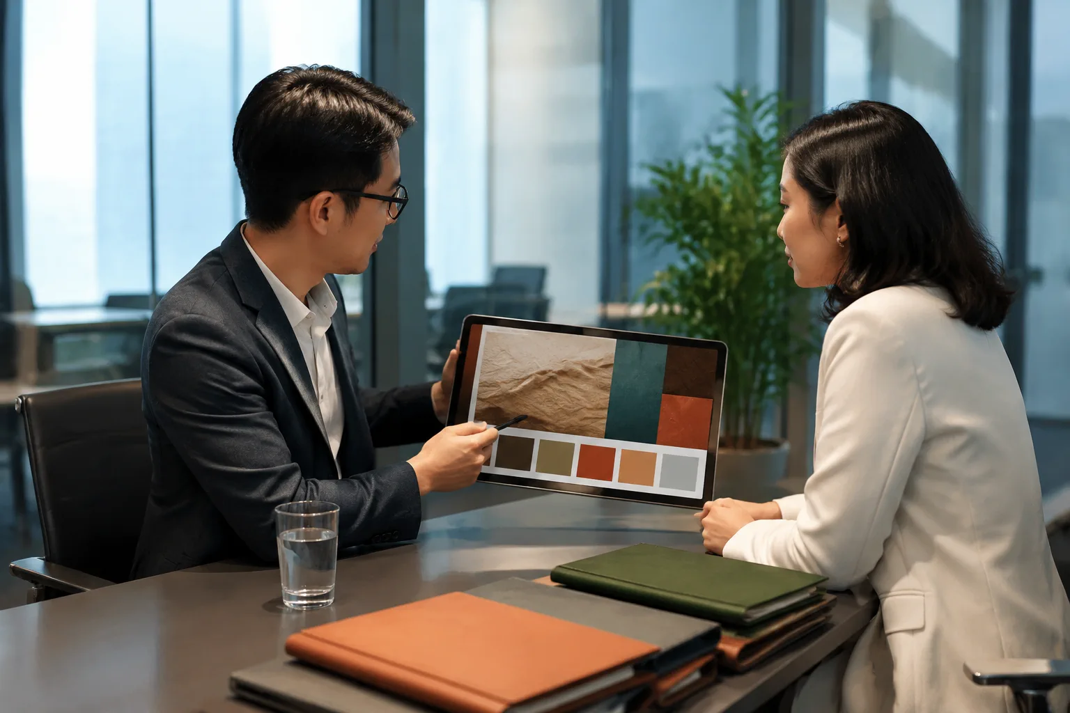 Đại diện doanh nghiệp và đơn vị thiết kế thảo luận về tài liệu thương hiệu
