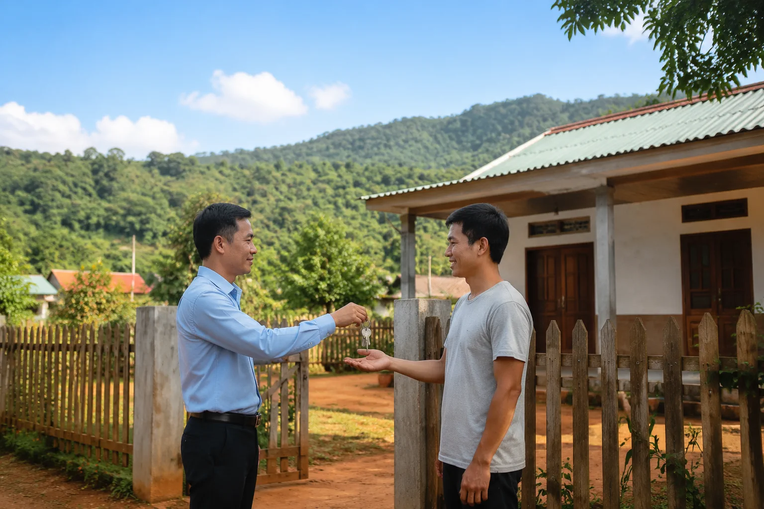 Nhân viên môi giới trao chìa khóa cho chủ nhà trước ngôi nhà dân dụng tại Đắk Nông, nền trời xanh và đồi núi phía sau
