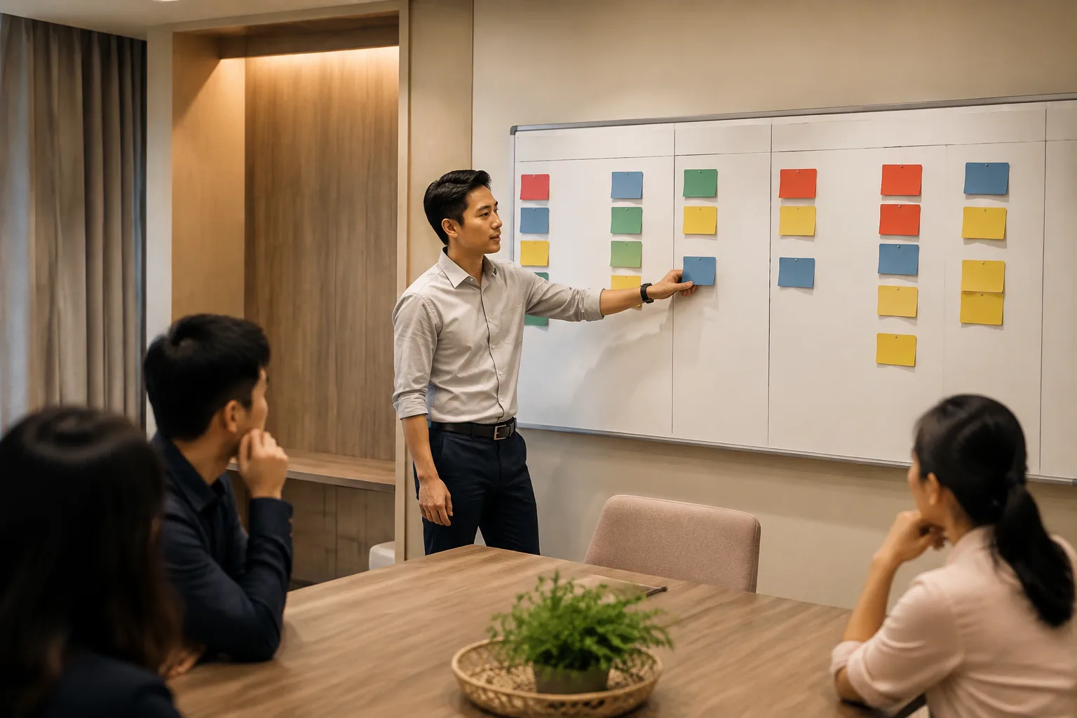 Nhân viên dự án Việt Nam sắp xếp thẻ màu trên bảng Kanban tường, thể hiện việc thống nhất tiêu chí website