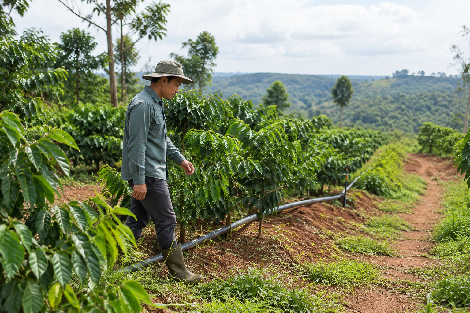 Người quản lý kiểm tra điều kiện vận hành một khu farm Đắk Nông bằng cách quan sát hệ thống chăm sóc cây trồng và không gian xung quanh từ khoảng cách thực tế