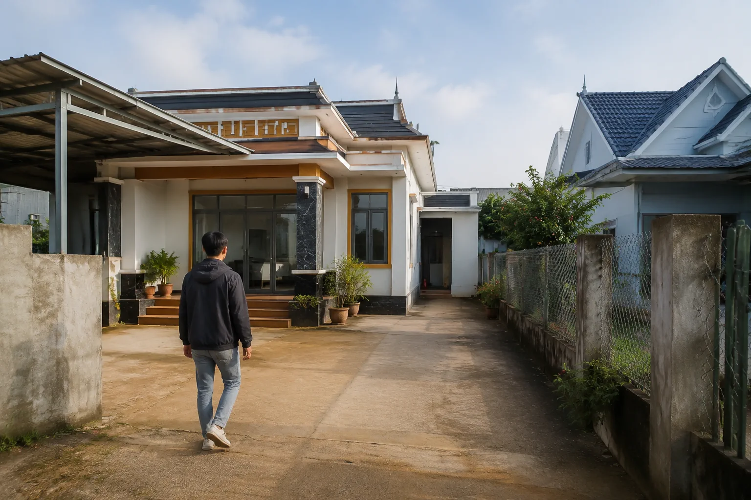 Kiểm tra hiện trạng căn nhà tại Gia Nghĩa với góc nhìn về lối đi, sân nhà và khu vực xung quanh