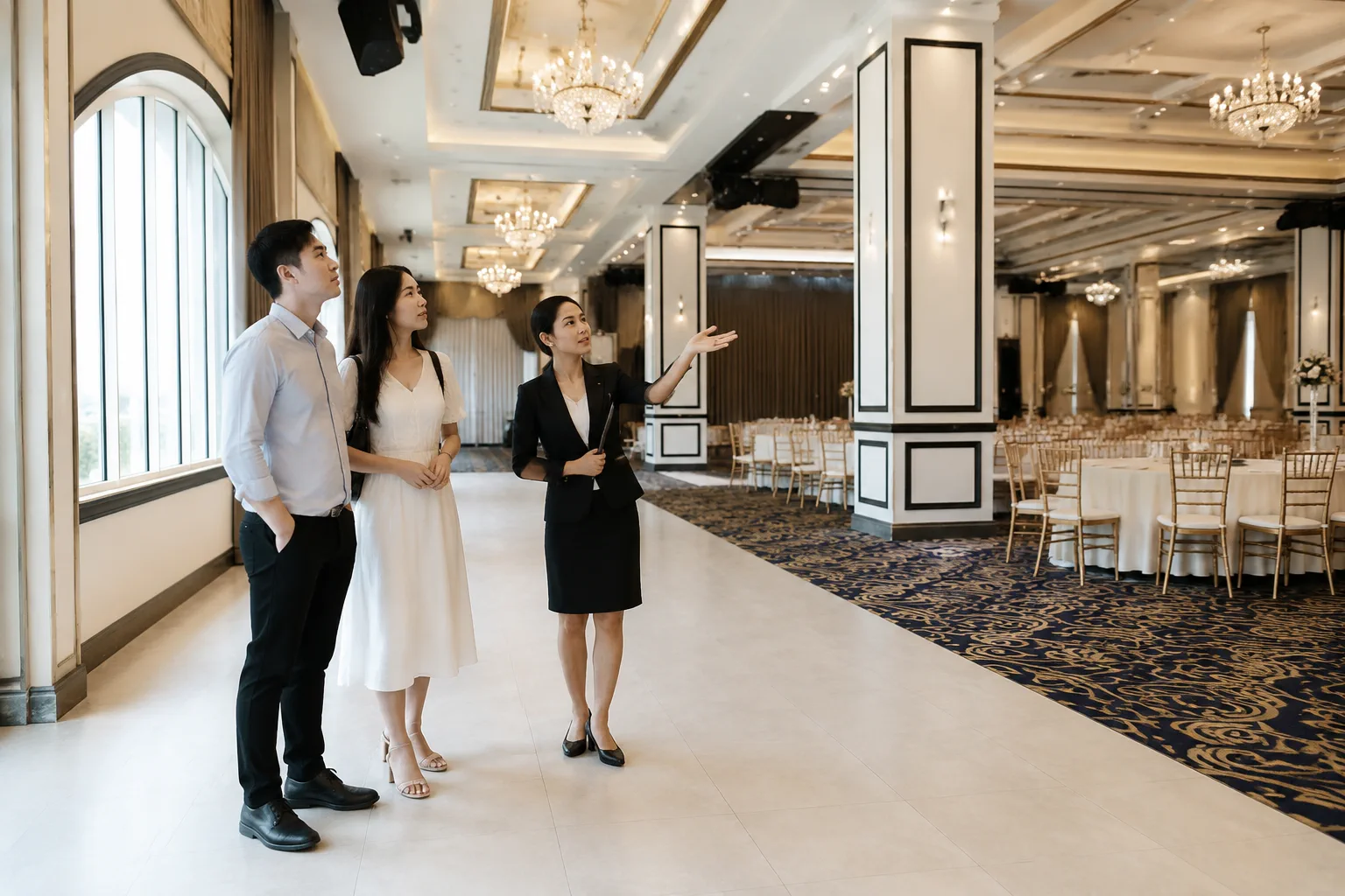 Cô dâu chú rể Việt Nam cùng chuyên viên nhà hàng quan sát toàn bộ sảnh tiệc cưới trống, tập trung trao đổi về cách bố trí không gian, khu vực đón khách và lối di chuyển trước khi l