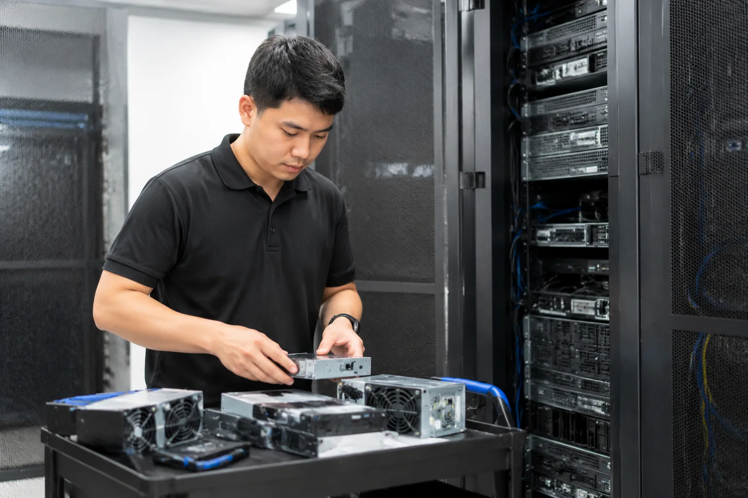 Kỹ thuật viên doanh nghiệp Việt Nam kiểm tra các thành phần nội dung số và thiết bị vận hành trong khu vực làm việc kỹ thuật, thể hiện việc rà soát tài nguyên nặng và hệ thống tích