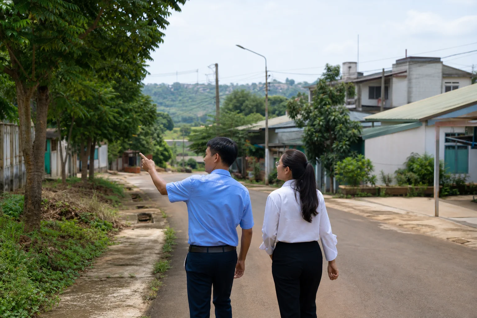 Người mua chuẩn bị tiêu chí tìm kiếm nhà đất bằng cách trao đổi với chuyên viên trong bối cảnh thực tế tại Đắk Nông, thể hiện quá trình xác định khu vực và nhu cầu sử dụng tài sản.