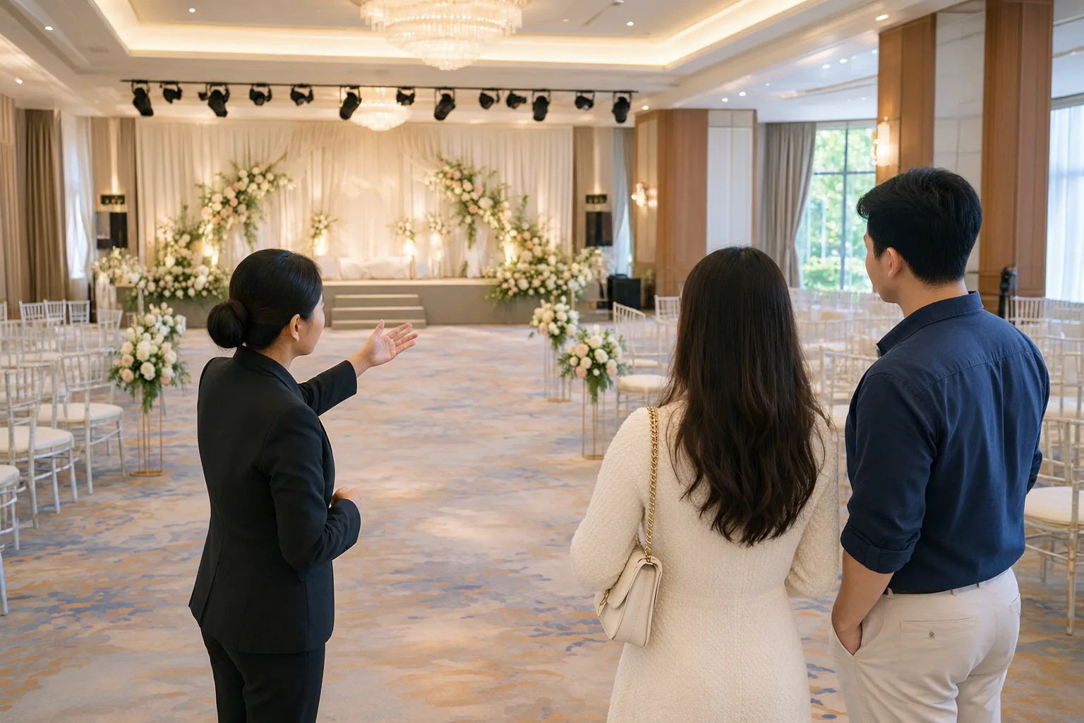 Nhân viên tư vấn nhà hàng và cặp đôi đang kiểm tra khu vực sân khấu tiệc cưới trống, trao đổi về cách sắp xếp chương trình và các vị trí phục vụ trong ngày tổ chức, không gian được