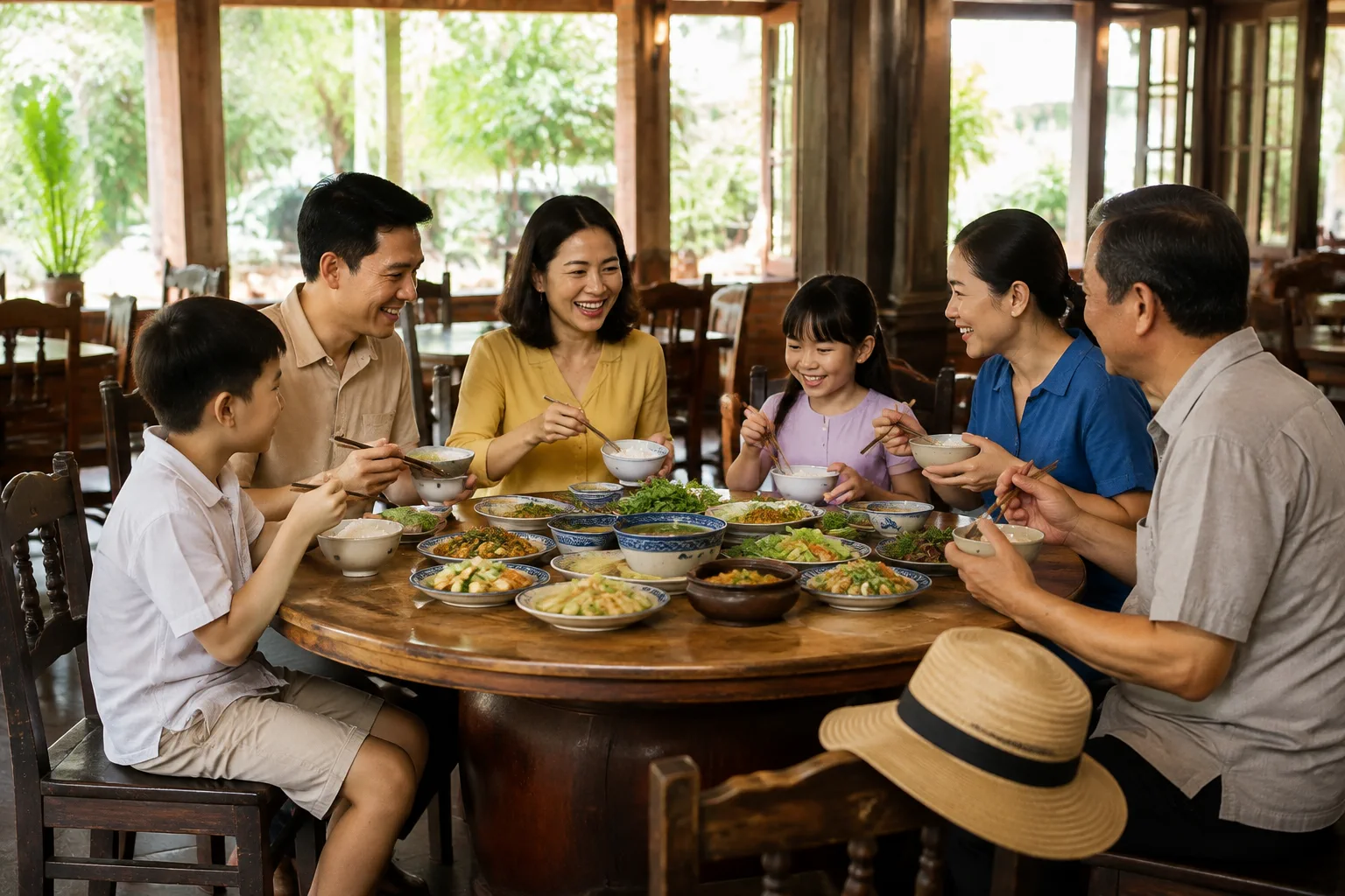 Nhóm khách du lịch gia đình đang vui vẻ thưởng thức các món ăn Việt Nam truyền thống tại bàn ăn rộng rãi của nhà hàng, thể hiện không gian thoải mái và ấm cúng cho điểm dừng chân ẩ