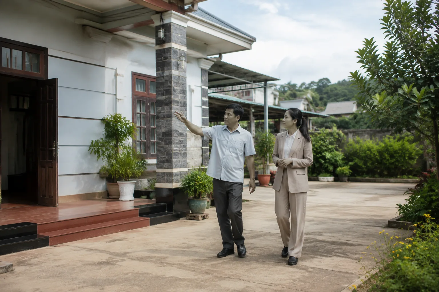 Chủ nhà tại Gia Nghĩa đang cùng chuyên gia hỗ trợ bất động sản đi quanh căn nhà để thống nhất các thông tin hiện trạng trước khi đưa tài sản ra thị trường