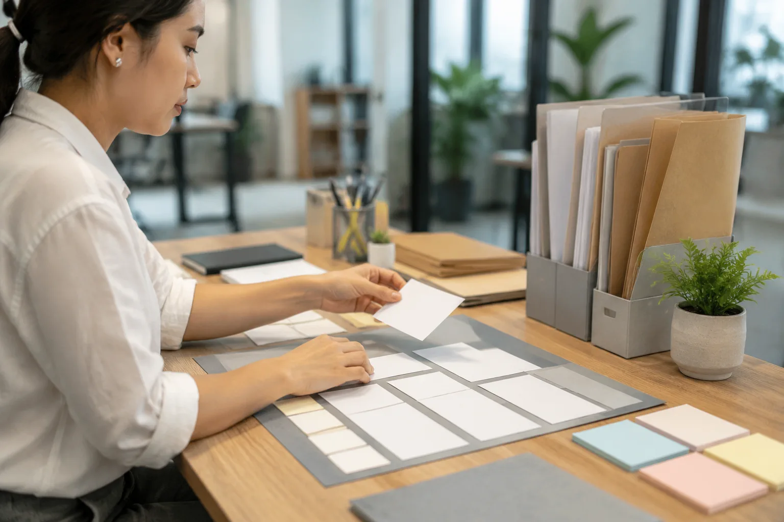 Nhân viên doanh nghiệp Việt Nam sắp xếp lại không gian làm việc với các vật dụng mô phỏng quy trình nội dung và quản trị website, thể hiện việc tối ưu website cũ thay vì làm lại to