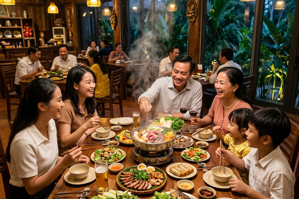Bàn tiệc món Việt ấm cúng tại nhà hàng ở Gia Nghĩa với nồi lẩu nghi ngút khói và các món ăn đặc sản địa phương dành cho gia đình.
