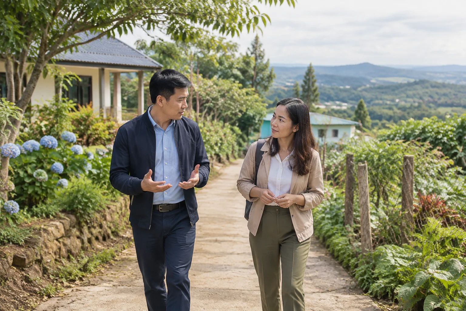 Người mua và chuyên viên tư vấn bất động sản trao đổi các câu hỏi cần làm rõ về tài sản trong không gian ngoài trời yên tĩnh tại Đắk Nông, tập trung vào quá trình chuẩn bị thông ti