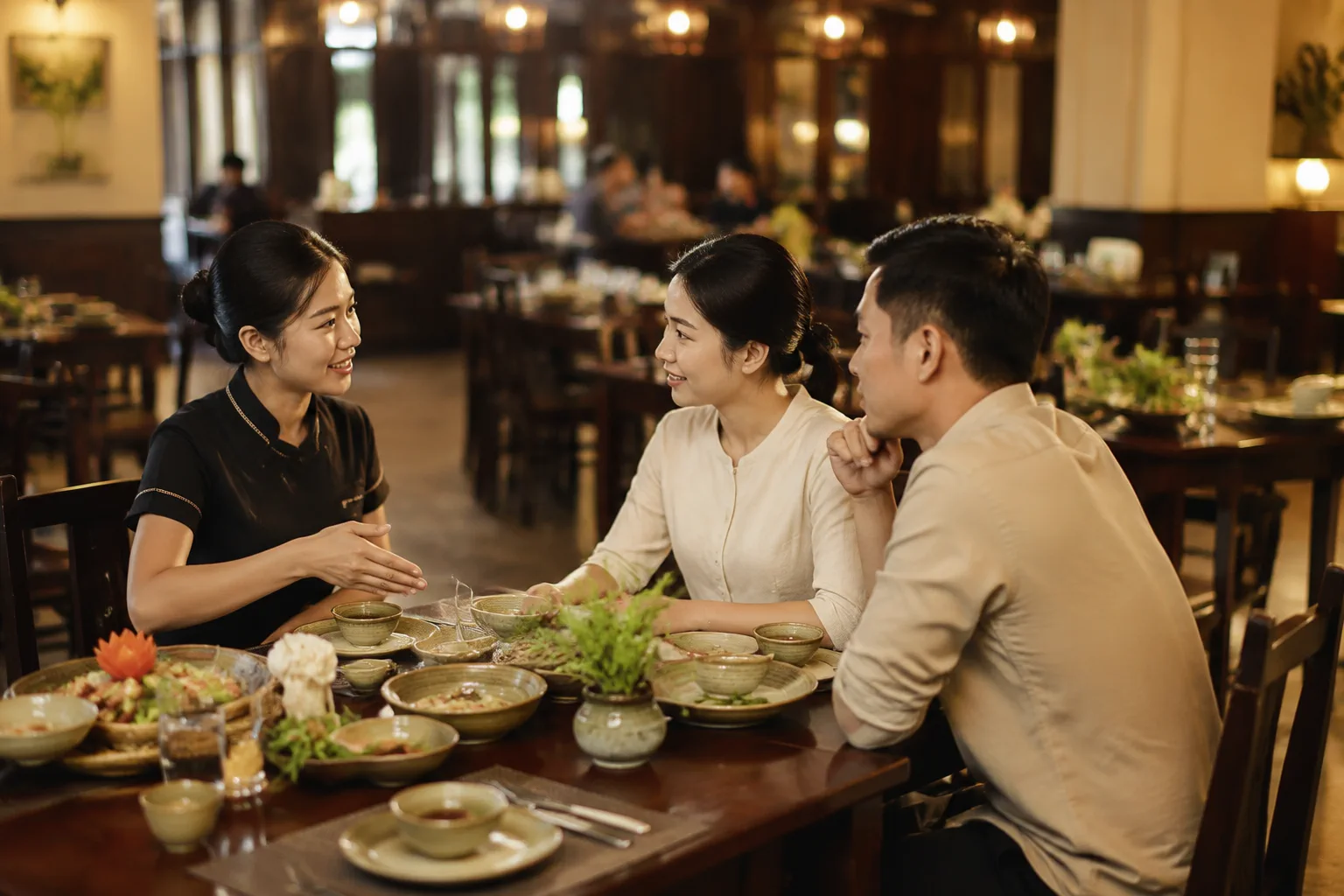 Nhân viên nhà hàng và khách hàng trao đổi về cách bố trí bàn tiệc và thực đơn cho sự kiện trong không gian nhà hàng Việt Nam