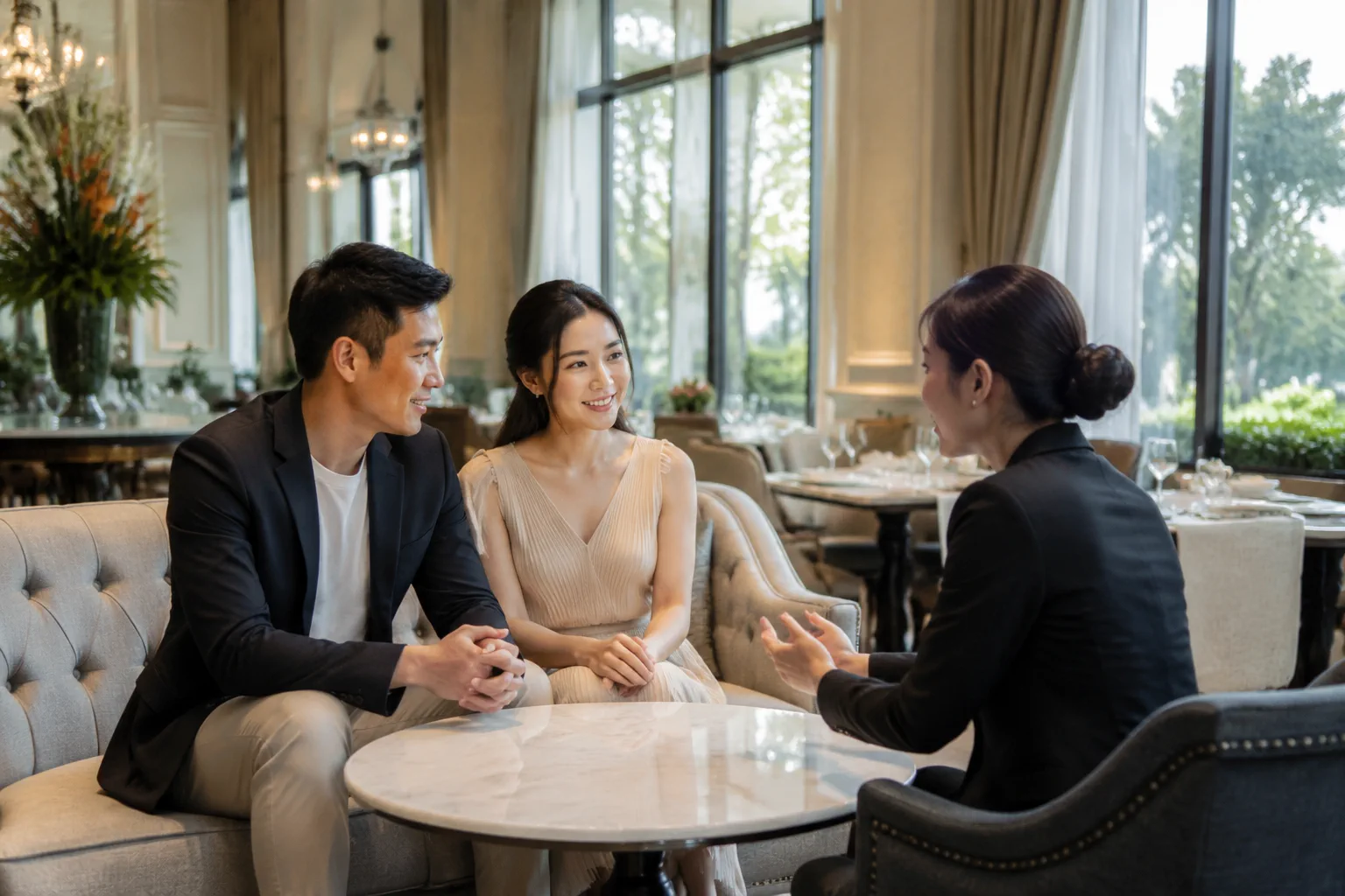 Cặp đôi Việt Nam trao đổi với nhân viên tư vấn tại khu vực sảnh chờ nhà hàng cưới, cùng xem xét không gian tổ chức tiệc trong bối cảnh yên tĩnh và chuẩn bị trước mùa cao điểm.