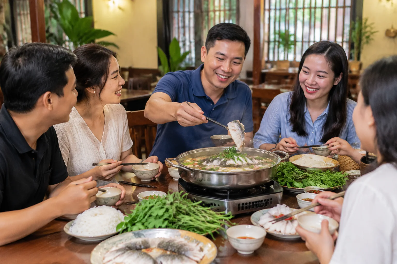 Thực khách Việt Nam cùng thưởng thức lẩu cá song trong bữa ăn nhóm tại nhà hàng, thể hiện sự kết nối và phù hợp cho những buổi gặp gỡ gia đình hoặc bạn bè.