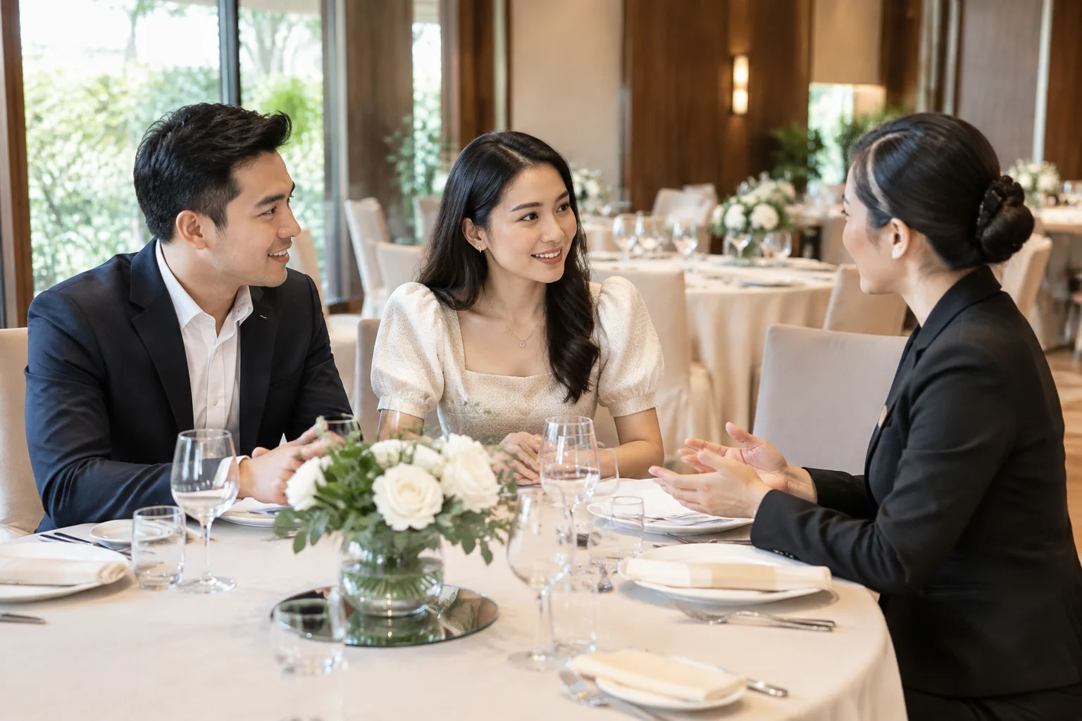 Nhân viên nhà hàng và cặp đôi Việt Nam trao đổi về trình tự chuẩn bị tiệc cưới trong không gian riêng tư, thể hiện sự phối hợp giữa hai bên trước ngày tổ chức.