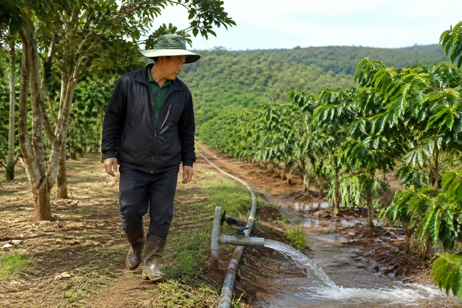 Người vận hành khu đất farm tại Đắk Nông kiểm tra thực tế các hạng mục chăm sóc và bảo trì trong vườn cây, thể hiện góc nhìn về chi phí vận hành thay vì chỉ tập trung vào giá trị k