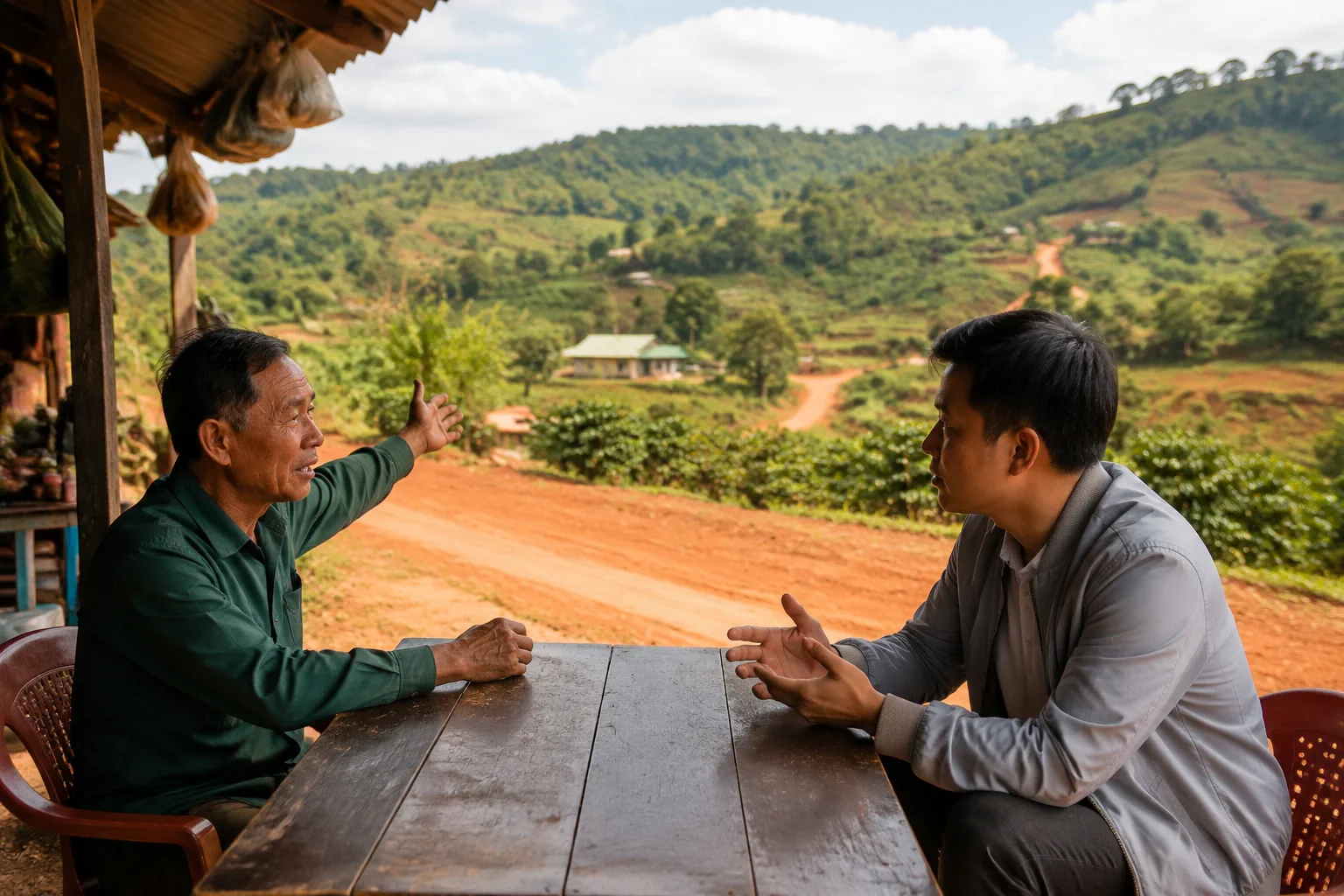 Hai người đang ngồi đối diện nhau tại một quán nhỏ ven đường nông thôn Đắk Nông, trao đổi về thông tin một khu đất cụ thể, không có tài liệu hay thiết bị hiển thị trên bàn