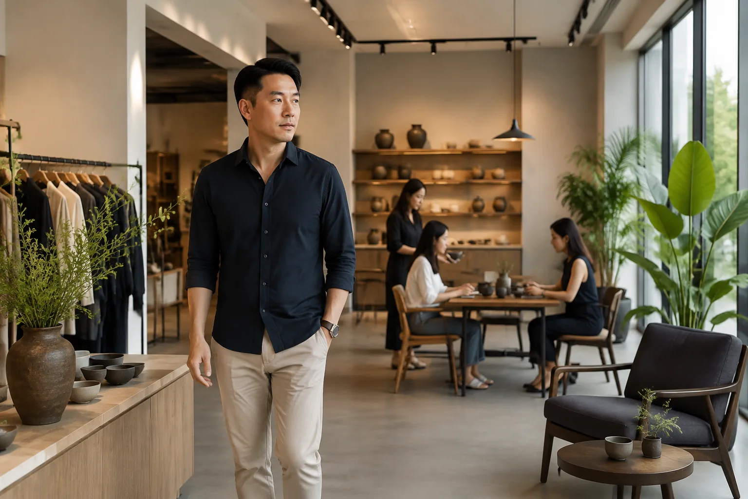 Chủ doanh nghiệp Việt Nam khảo sát không gian làm việc và chuẩn bị khu vực vận hành website mới, thể hiện giai đoạn xác định mục tiêu trước khi bắt đầu dự án.