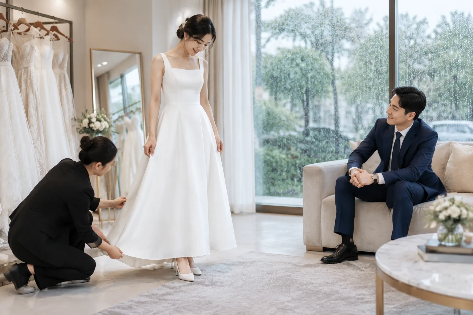 Cô dâu Việt Nam đang thử chiếc váy cưới dáng chữ A gọn nhẹ, dài ngang mắt cá chân tại tiệm váy cưới, trong khi chú rể mặc bộ vest màu xanh navy lịch lãm ngồi chờ, bên ngoài cửa sổ
