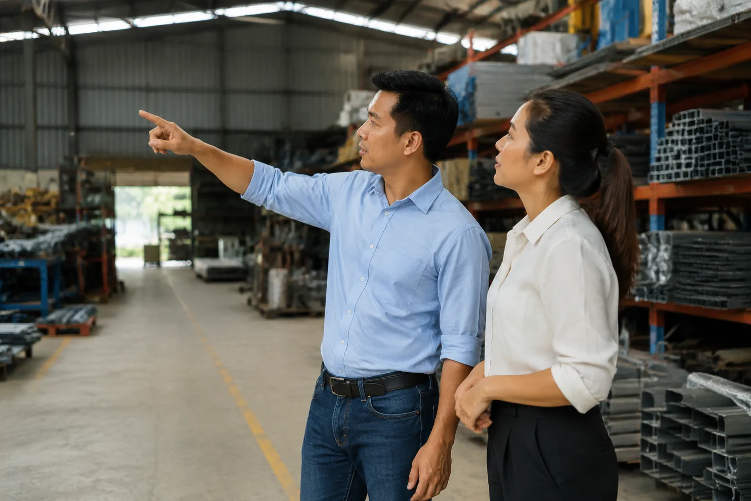 Hai nhân sự doanh nghiệp Việt Nam đứng trong không gian kho hàng hoặc xưởng sản xuất thực tế, một người chỉ tay về phía các khu vực khác nhau trong không gian trong khi người kia l