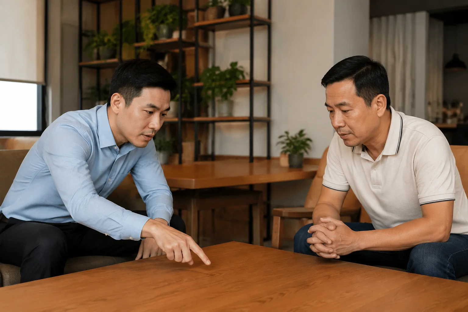 Người mua và chuyên gia tư vấn đang sắp xếp và trao đổi quy trình kiểm tra thông tin giao dịch nhà đất trong không gian làm việc hiện đại tại Gia Nghĩa với góc nhìn tập trung vào s
